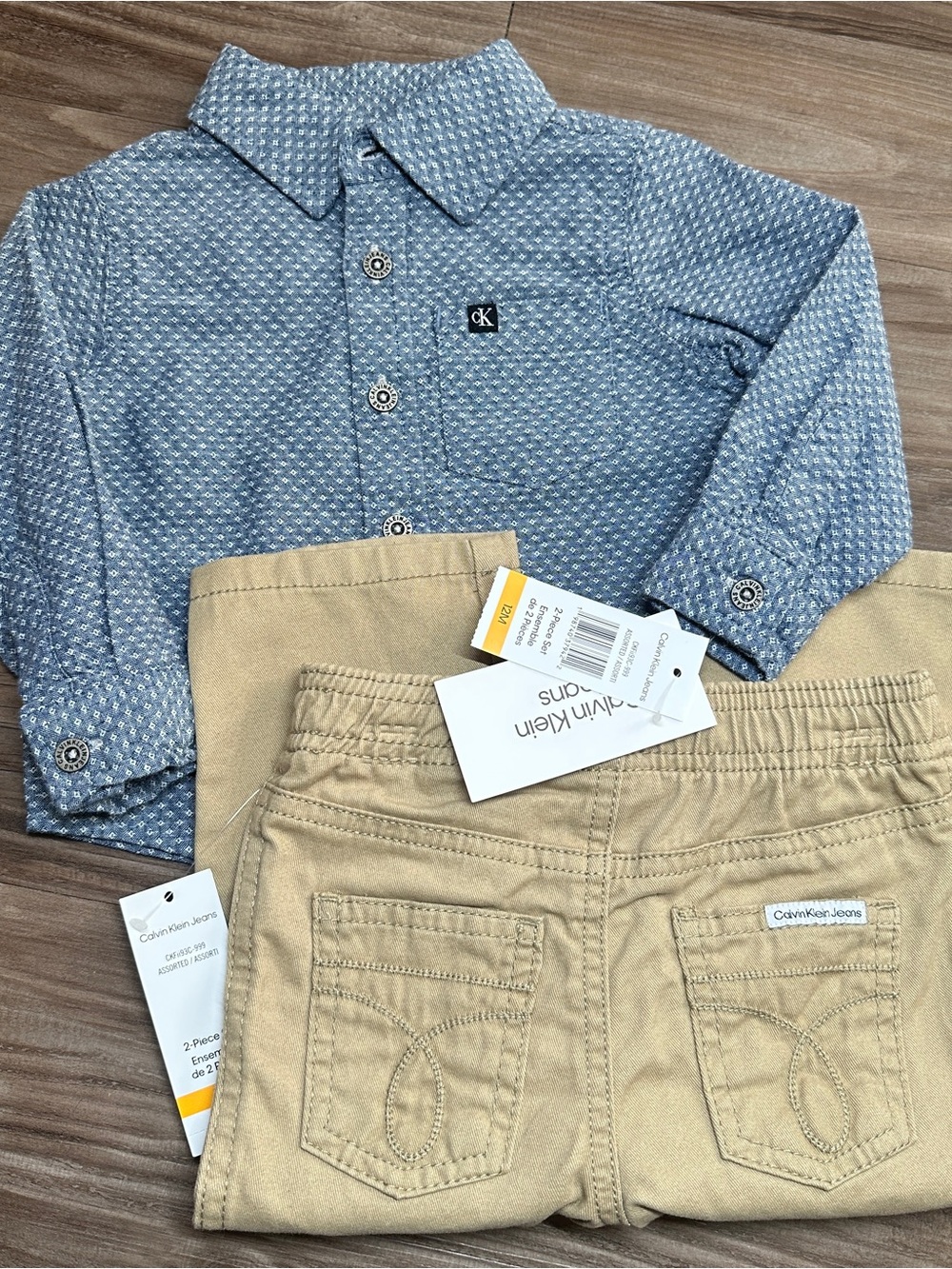 Calvin Klein Jeans Blue Printed Button-Front Shirt with Tan Pants 12M BabyBoy